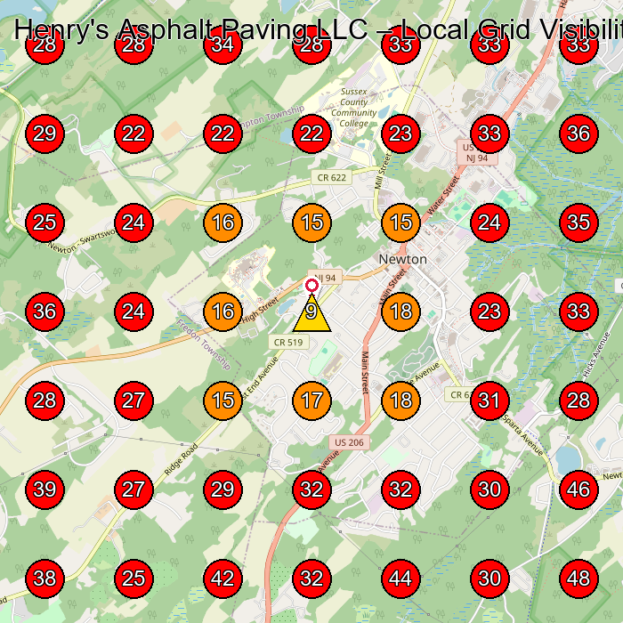 Henry's Asphalt Paving LLC GeoGrid visibility map for Lawn Care Service in Newton
